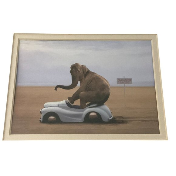 Framed Elephant On Toy Car Art Print In Wooden Frame With Beige Matting - Picture 9 of 11